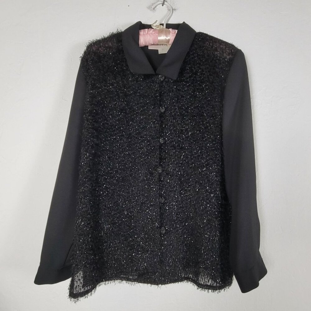 Vintage Brenda Goode Black Fringe Textured Button-Up Shirt Small Long Sleeve